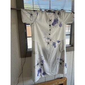 Hekka White Floral‎ Butterfly Short Sleeve Dress with Buttons